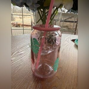Pink Glass Tumbler with Straw and Green Leaf Design - Unbranded